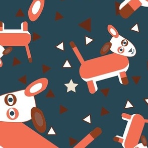 Jumbo scale Mod dogs in Coral and charcoal Gender Neutral Dogs and Stars Stylised modern hotdogs in jumbo scale For kids duvet covers, children’s bed linen, children’s bed sheets, cute kids wallpaper, large scale geometric dogs with triangles and stars