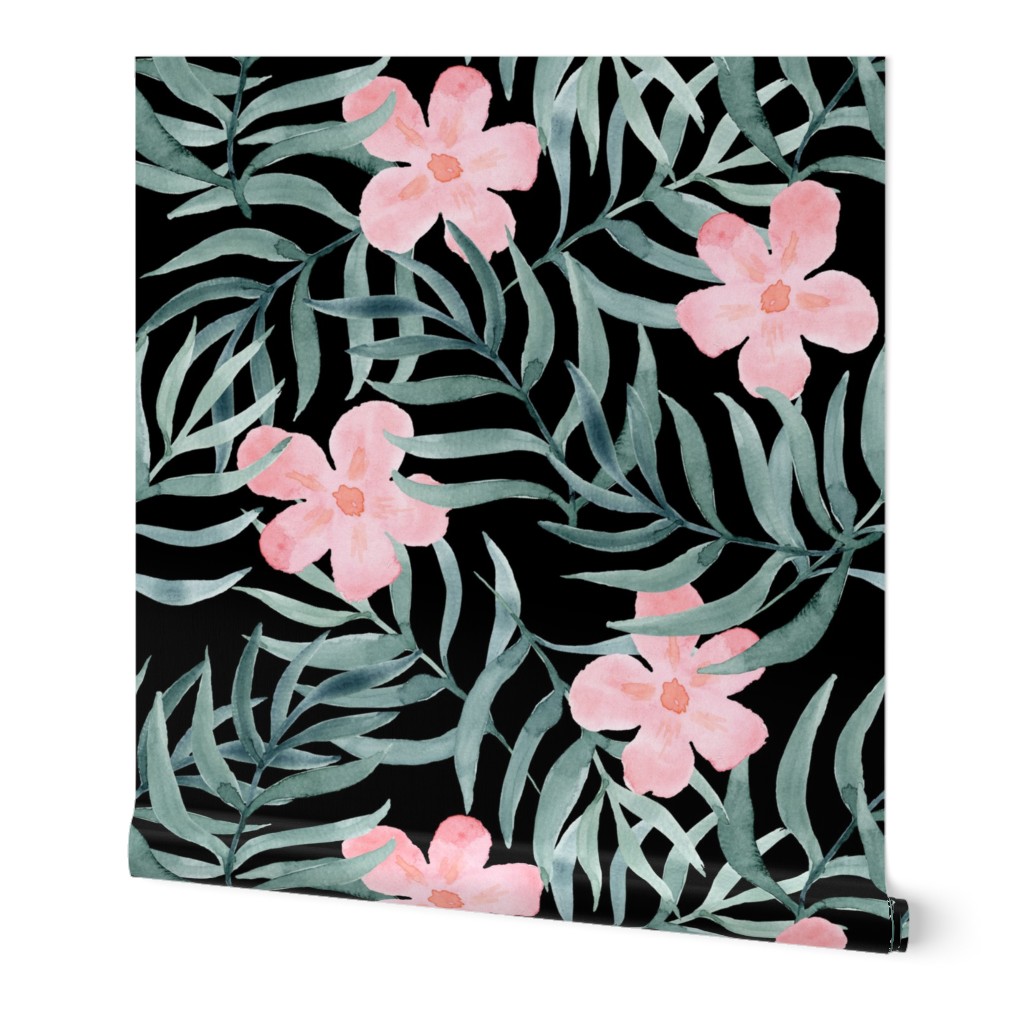 Palm Fronds with Pink Flowers on Black