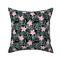 Palm Fronds with Pink Flowers on Black