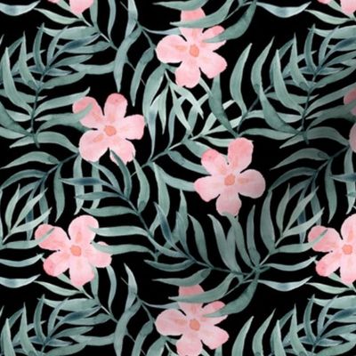 Palm Fronds with Pink Flowers on Black