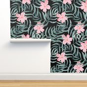 Palm Fronds with Pink Flowers on Black