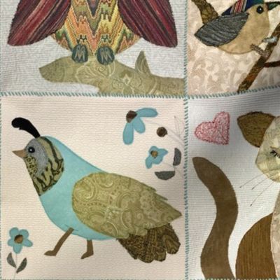 Patchwork quail, owl, cat and bird