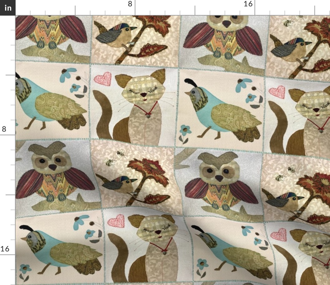 Patchwork quail, owl, cat and bird