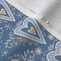 M- hearts with ornaments on blue - Nr.4. Coordinate for Peaceful Forest- 5"fabric / 3" wallpaper