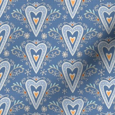 M- hearts with ornaments on blue - Nr.4. Coordinate for Peaceful Forest- 5"fabric / 3" wallpaper