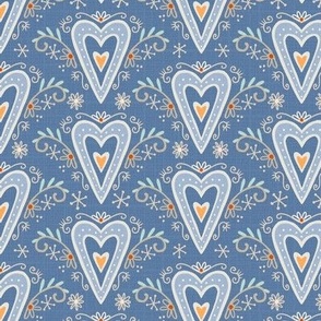 M- hearts with ornaments on blue - Nr.4. Coordinate for Peaceful Forest- 5"fabric / 3" wallpaper