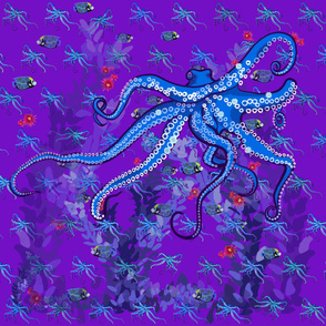 Spaced octopus blue on purple
