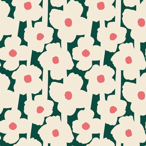Poppies Flowers Bold Abstract Geometric  Cream Red on Green Large