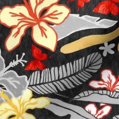 Hula Dancing Mongooses in Hawaii - golden yellow, bright bold red, and charcoal grey  