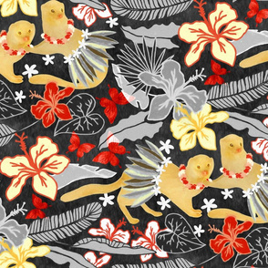 Hula Dancing Mongooses in Hawaii - golden yellow, bright bold red, and charcoal grey  