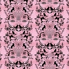 Cats and Things Whimsical Damask black on pink