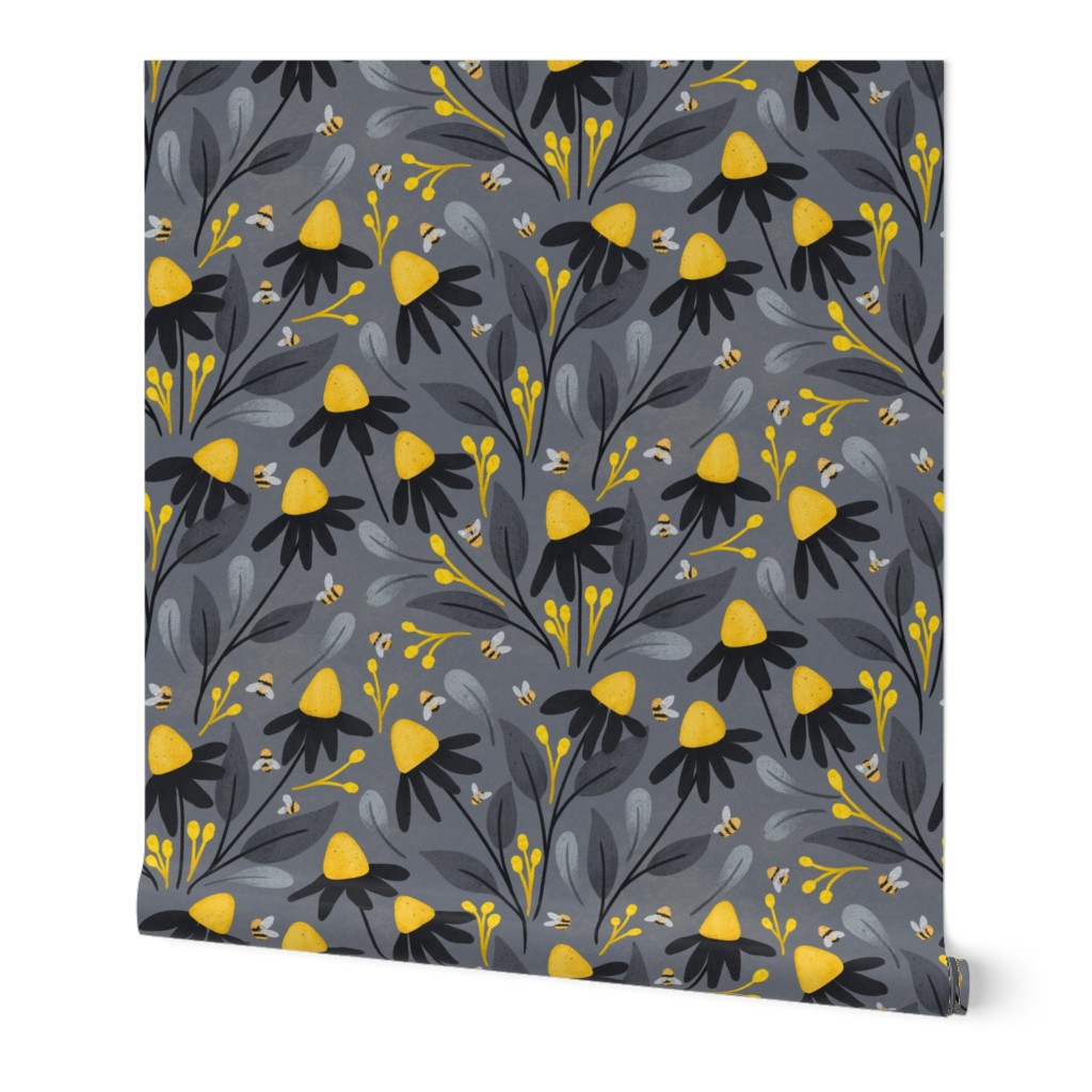 Daisies and Bumblebees Yellow and Grey