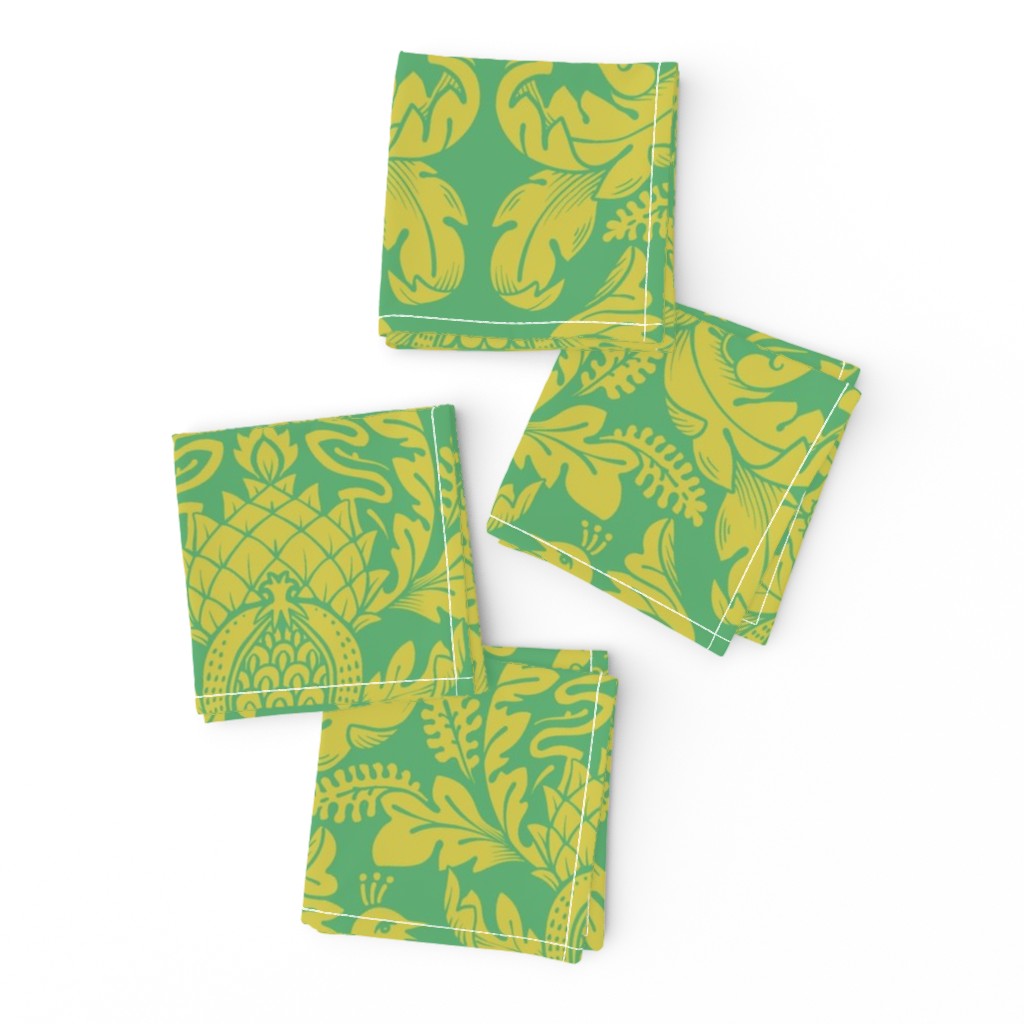 Modern Damask Birds & Leaves in Yellow, teal, and green