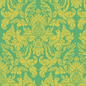 Modern Damask Birds & Leaves in Yellow, teal, and green