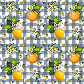 Orchard Helpers - Bees, Lemons and Oranges on Blue-White Plaid