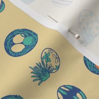 (small scale) easter eggs, nest and green grass, yellow seamless pattern