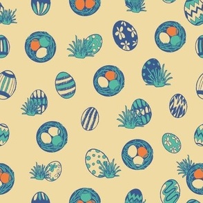 (small scale) easter eggs, nest and green grass, yellow seamless pattern
