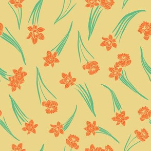 yellow orange daffodils narcissuses flowers meadow easter spring seamless pattern