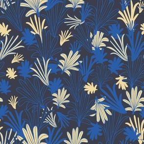 (small scale) palm leaves yellow navy blue hawaiian