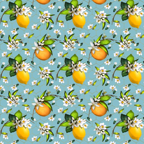 Lemons- Oranges w/ Bees on Gold Honeycomb Blue Background 