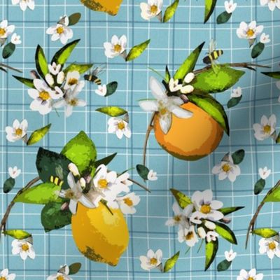 Orchard Helpers - Bees, Lemons and Oranges on Lt. Aqua- 4-Square Plaid 