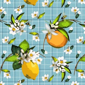 Orchard Helpers - Bees, Lemons and Oranges on Lt. Aqua- 4-Square Plaid 