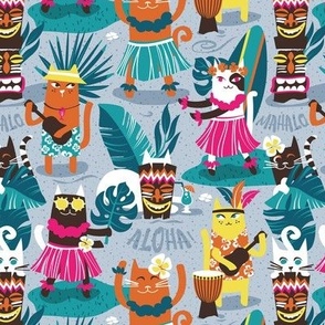 Small scale // Secret Hawaiian night beach party // pastel blue background gold drop orange illuminating yellow dark oak brown and white cats peacock and blue lagoon tropical vegetation fuchsia pink summery details