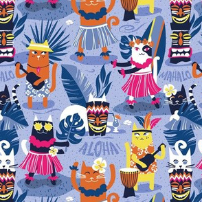 Small scale // Secret Hawaiian night beach party // indigo blue background gold drop orange illuminating yellow oxford blue and white cats classic blue tropical vegetation fuchsia pink summery details