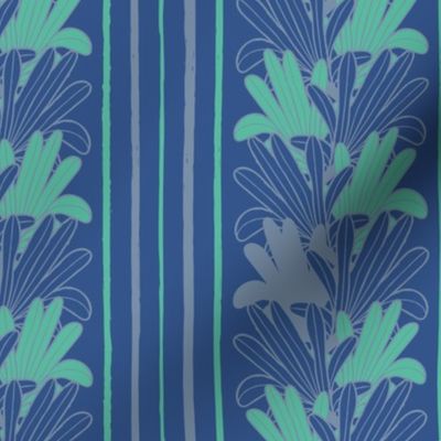 (small scale) palm leaves yellow navy blue tropical striped