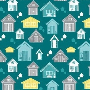 mountain huts teal green and yellow, wallpaper, kids 