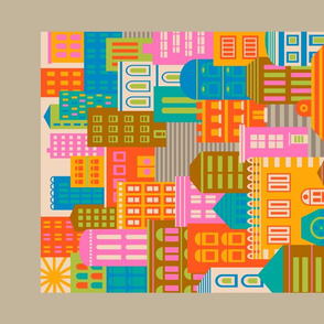 Vintage Travel City Lights By Day Geometric Architecture Buildings Landscape Bright Rainbow Colours Orange Yellow Pink Green Blue Brown Cream on Cream - Tea Towel and Wall Hanging - UnBlink Studio by Jackie Tahara