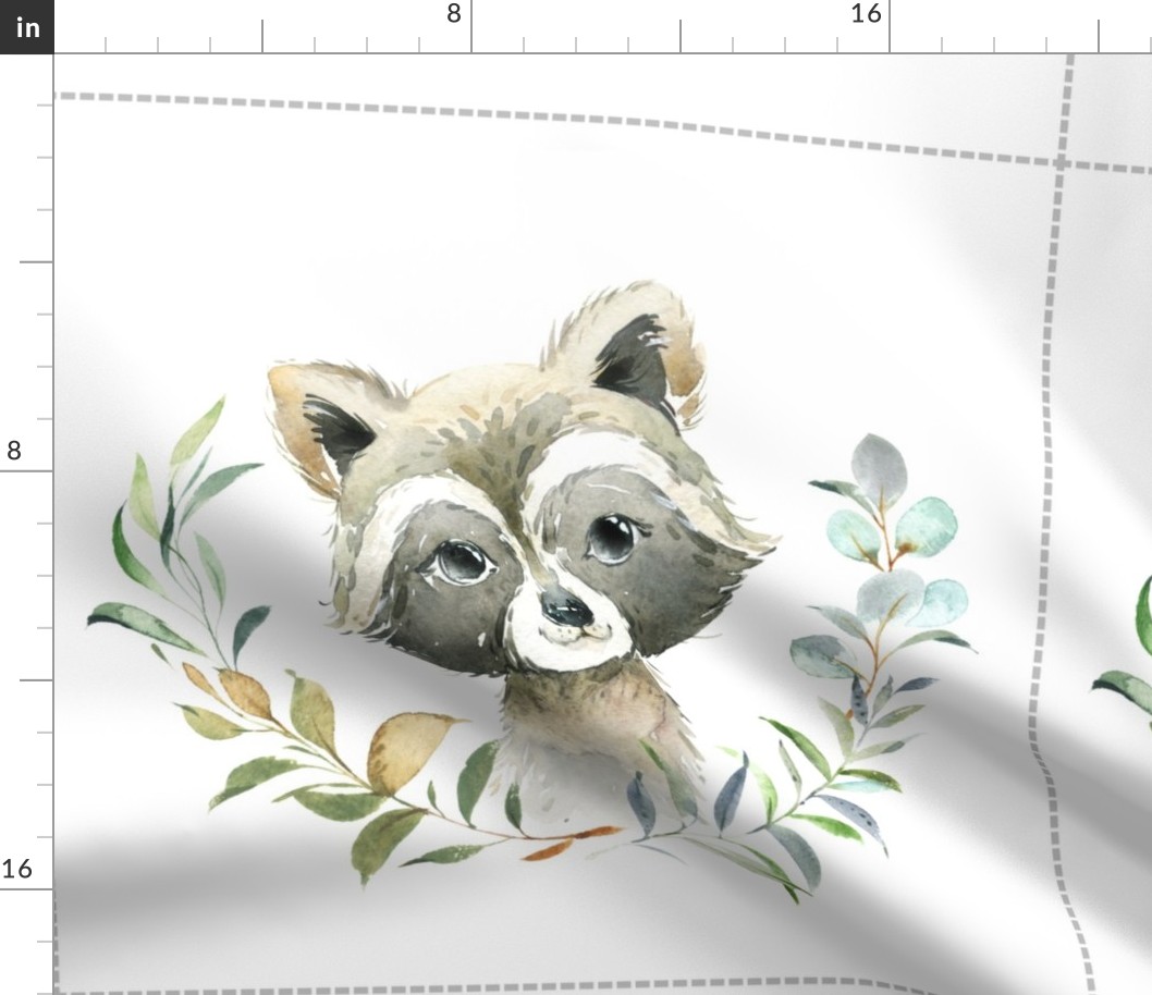 18” Nature Trails Raccoon Pillow Front with dotted cutting lines