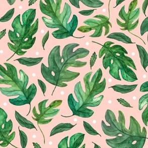 Jumbo Monstera Watercolor Leaves- Pink