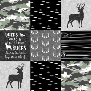 Ducks, Trucks, and Eight Point bucks - patchwork - woodland wholecloth - sage and grey - C21
