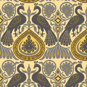 medieval peacocks, grey and yellow