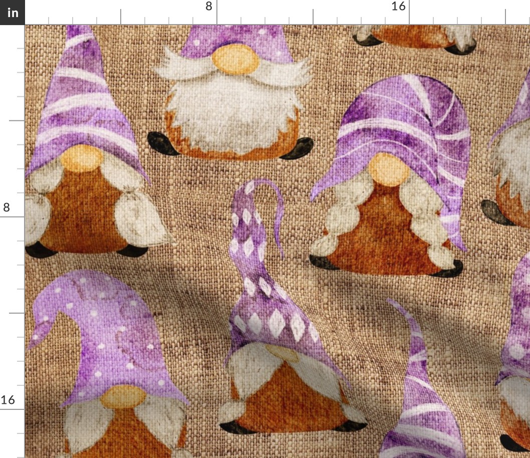 Purple Gnomes on Burlap - large scale
