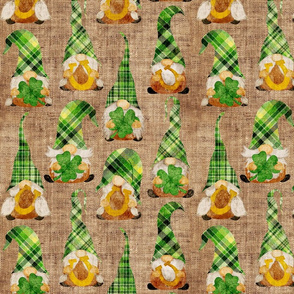 Lucky Gnomes with Horseshoes and Clover on Burlap - medium scale