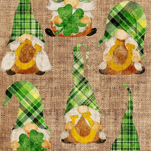 Lucky Gnomes with Horseshoes and Clover on Burlap - large scale