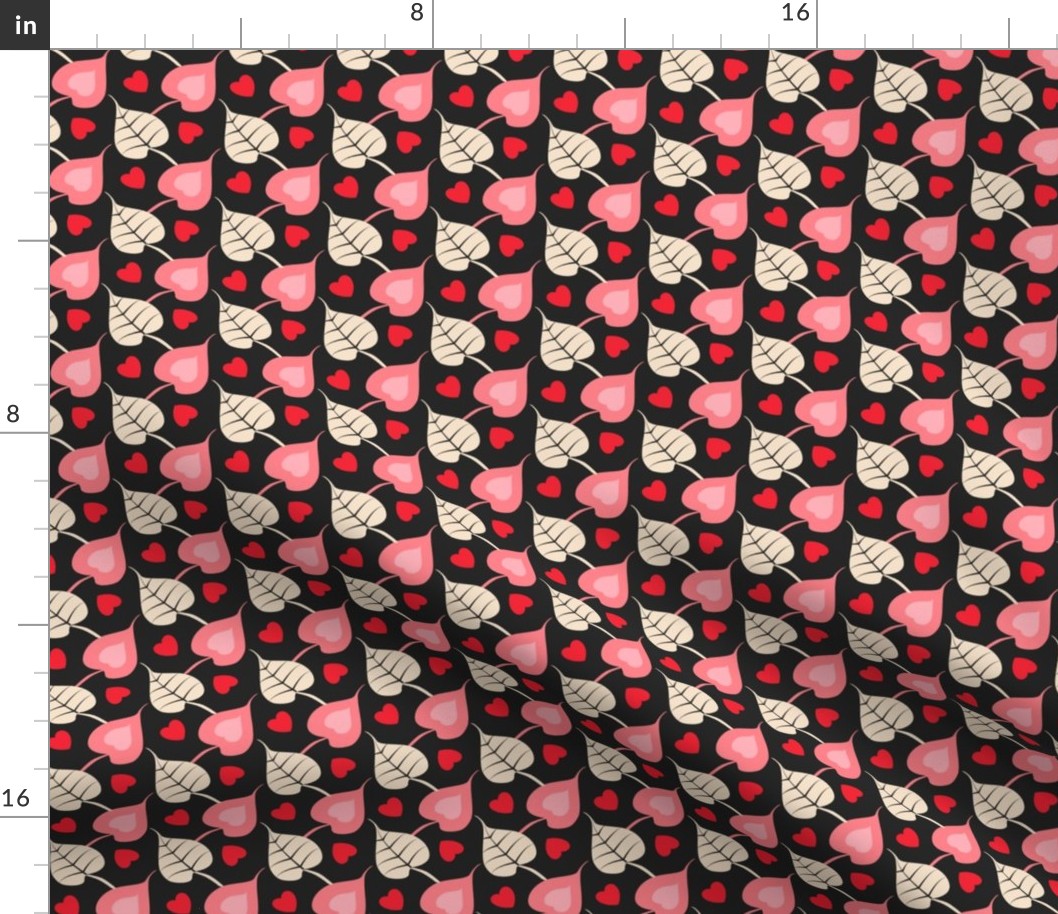 Hearts and Leaves Trellis- Valentine Lattice- Charcoal Salmon Pink Red Wheat- Small Scale