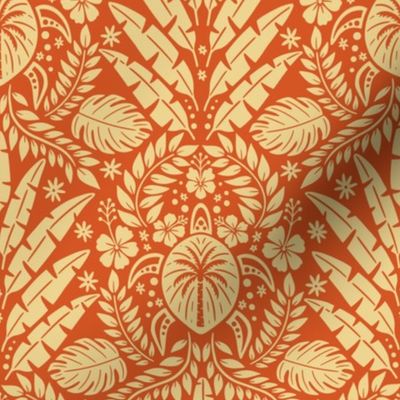 Hawaiian Damask | Regular Scale | Retro Red Orange Tropical Pineapple