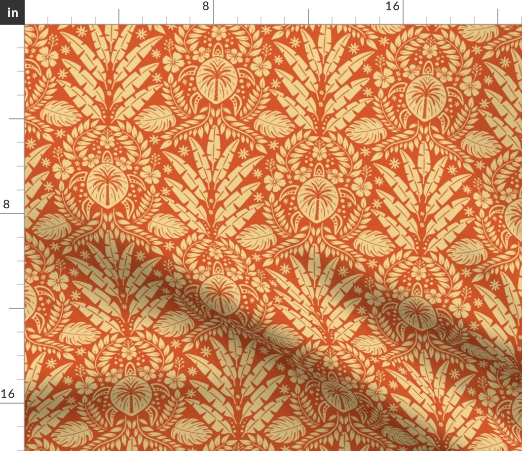 Hawaiian Damask | Regular Scale | Retro Red Orange Tropical Pineapple