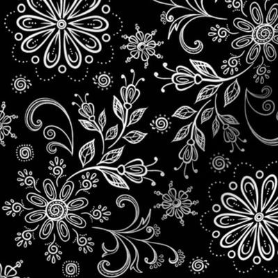 Bandana Floral Damask White on Black