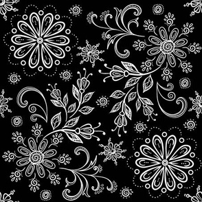 Bandana Floral Damask White on Black
