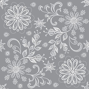 Bandana Floral Damask White on Gray