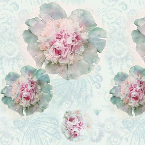 6x8-Inch Repeat of  Medium Size Watercolor Peonies on Whispery Tie Dye