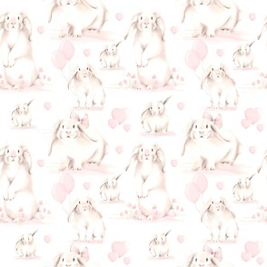 Baby Bunnies in Blush Pink on White with Hearts and Flowers - Compact
