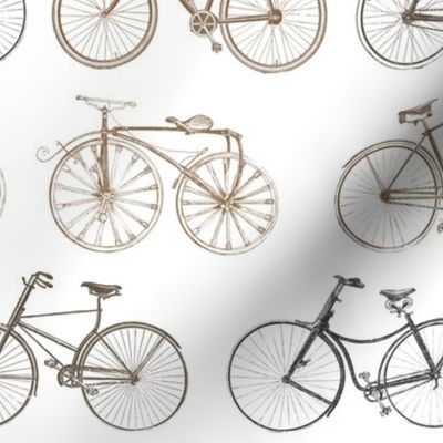 Large Vintage Bicycles in grays and browns on white background