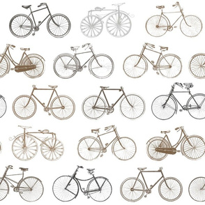 Large Vintage Bicycles in grays and browns on white background