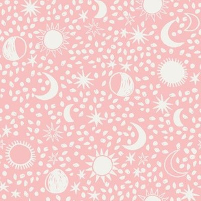 sun moon stars fabric - hippy boho neutral fabric - pink