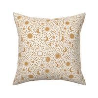 sun moon stars fabric - hippy boho neutral fabric - ochre